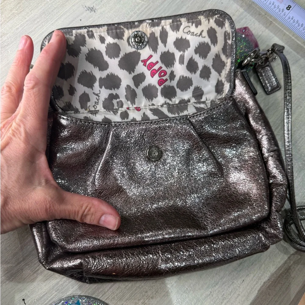 Coach Poppy Pink Metallic Double Button Leather Crossbody
